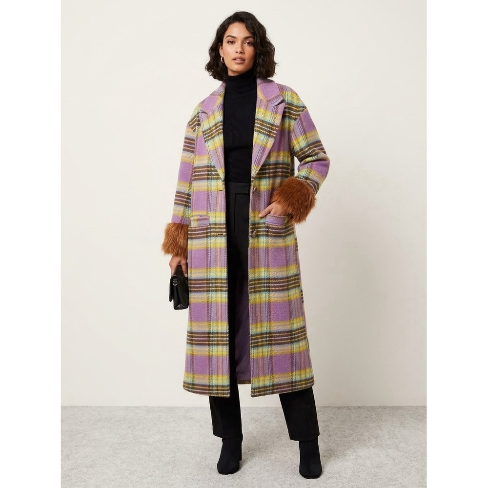 Nasty Gal Purple Plaid Maxi Coat Fur Cuffs Long Statement Retro Whimsigoth 6